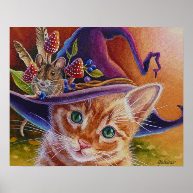 Poster Chat d'Halloween et souris n° 1 Aquarelle Art 16x2 (Devant)