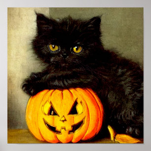 Poster Chat d'Halloween vintage et lanterne Jack-o’