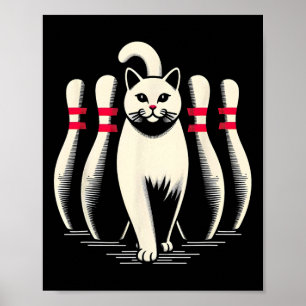 Poster Chat drôle blanc jouant au bowling rétro vintage s