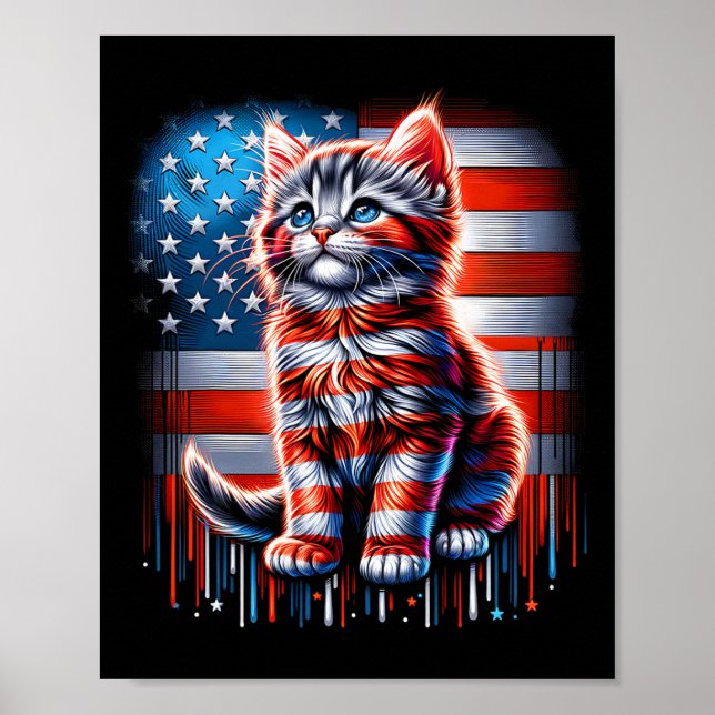 Poster Chat du 4 juillet Drapeau américain Minou mignon J (Devant)