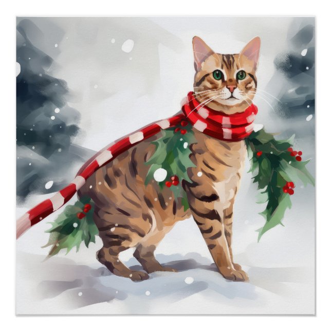 Poster Chat du Bengale à Noël de neige (Devant)