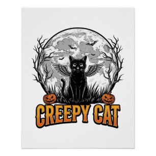 Poster Chat effrayant Halloween Dessin de gravure vintage