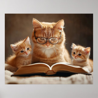 Poster Chat en lunettes lisant un livre à ses chatons