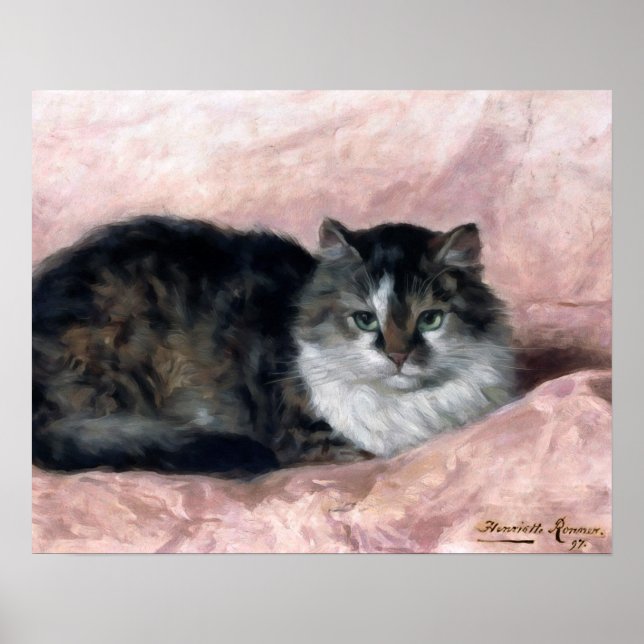 Poster Chat en rose Coussin par Henriëtte Ronner-Knip (Devant)