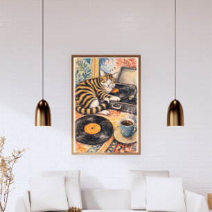Poster Chat endormi avec tourne-disque vinyle – Vintage