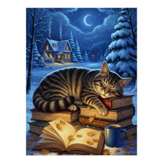 Poster Chat endormi sur des livres Nuit d'hiver