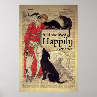 Poster Chat Et Amoureux des chiens Et Elle A Vécu Heureus