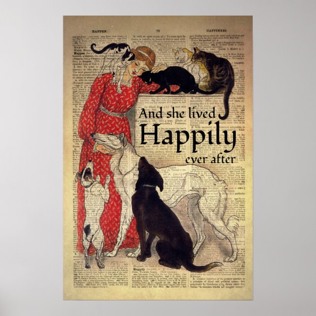 Poster Chat Et Amoureux des chiens Et Elle A Vécu Heureus (Devant)