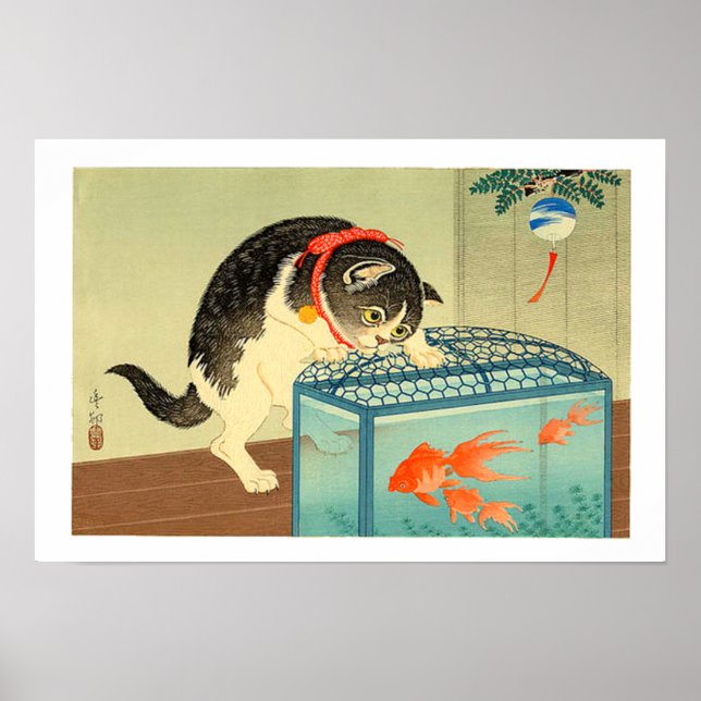 Poster Chat et bol de poisson rouge Shoson Ohara 1930 (Devant)