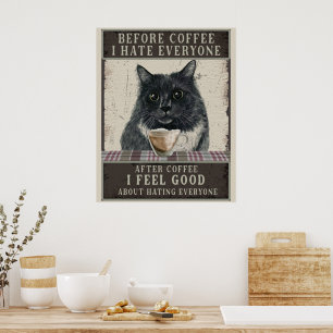 Poster Chat et café Sarcastique noir Vintage