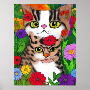 Poster Chat et chaton fantaisistes, art folklorique color