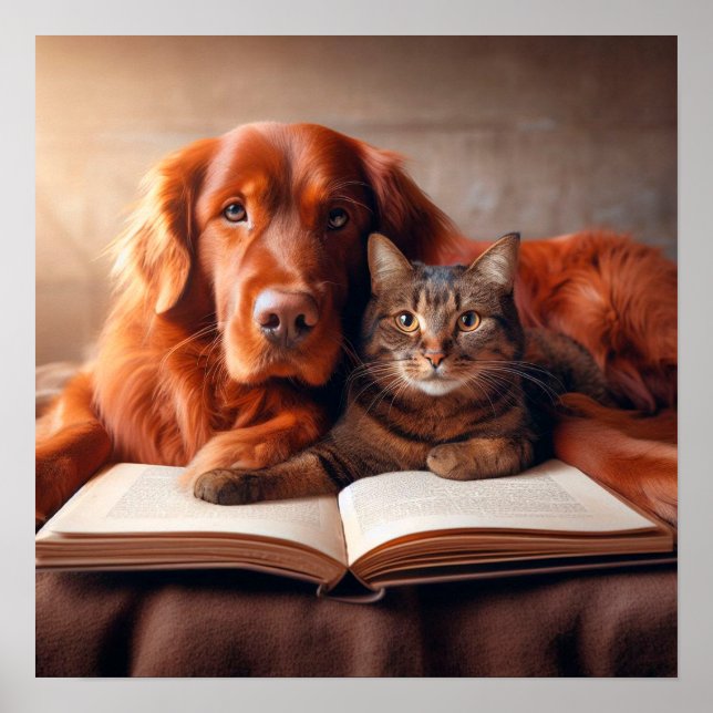 Poster Chat et chien lisant un livre (Devant)