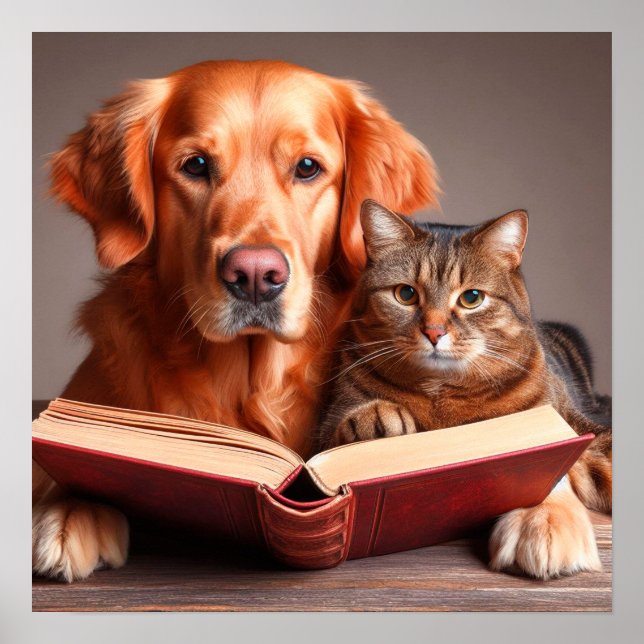 Poster Chat et chien lisant un livre (Devant)