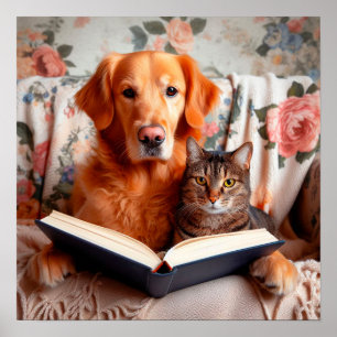 Poster Chat et chien lisant un livre