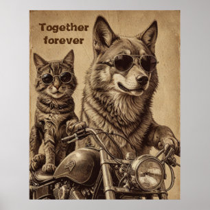 Poster Chat et chien pour toujours ensemble bikers