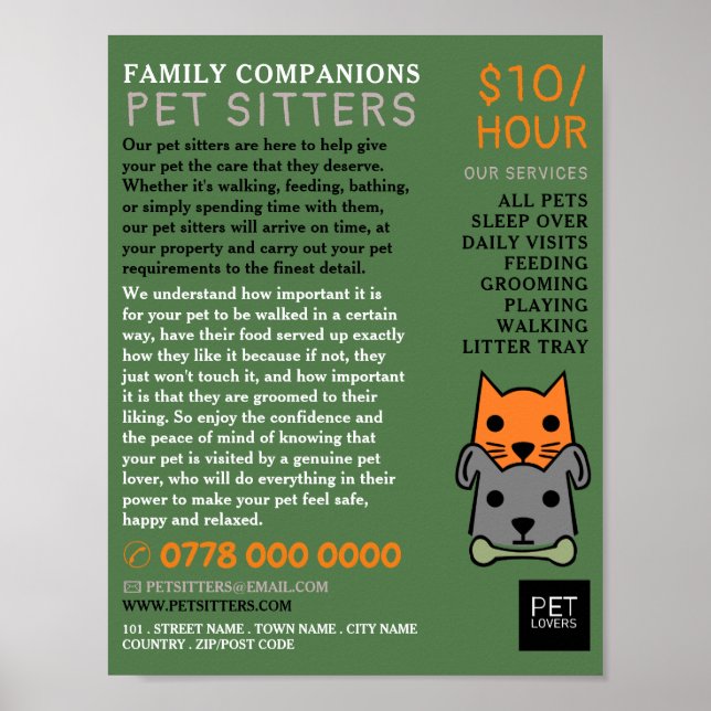 Poster Chat et chien, Service de pose d'animaux de compag (Devant)