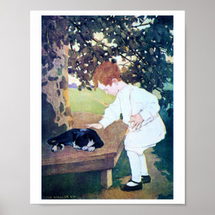 Poster Chat et enfant couché, Jessie Willcox Smith