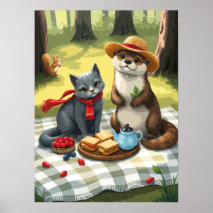Poster chat et loutre ayant un pique-nique forestier