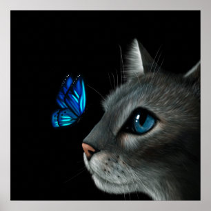 Poster Chat et papillon bleu