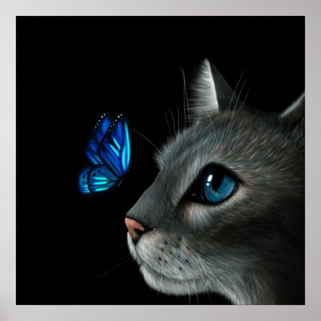 Poster Chat et papillon bleu (Devant)