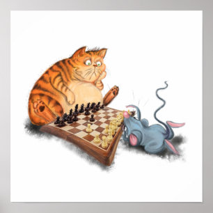 Poster Chat et Souris Jouant aux Échecs Dessin Animé Drôl