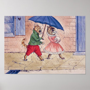 Poster Chat faisant la cour sous la pluie, Louis Wain