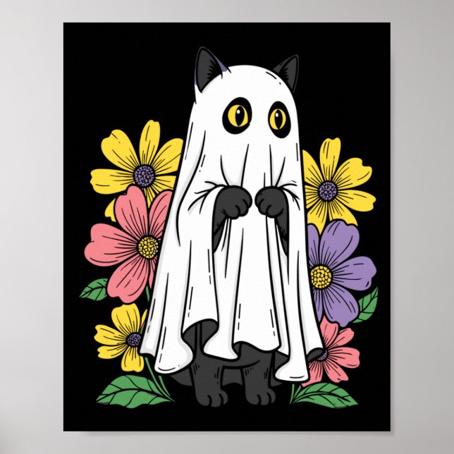 Poster Chat fantôme d'Halloween Chat noir mignon Fleurs (Devant)