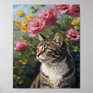 Poster Chat & Fleurs Photoréalistes | Art Impressionniste