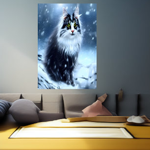 Poster Chat forestier norvégien dans la neige   AI Art Po