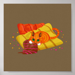 Poster chat gingembre géométrique détendu sur coussin