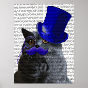 Poster Chat gris au chapeau bleu et à la moustache bleue