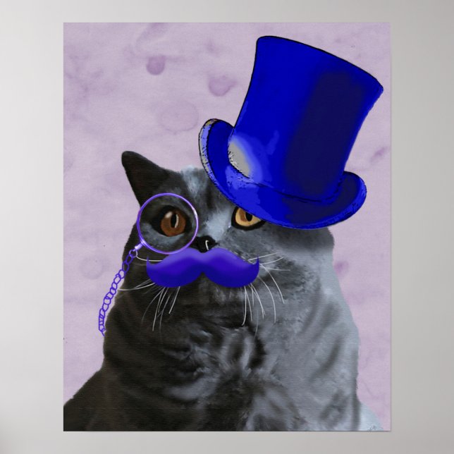 Poster Chat gris avec chapeau bleu et moustache (Devant)