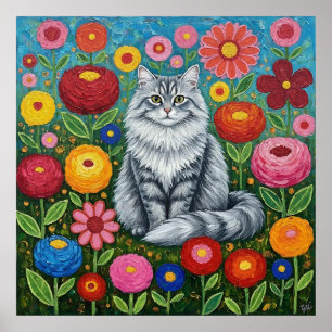 Poster Chat gris rayé et duveteux avec des fleurs d'art f