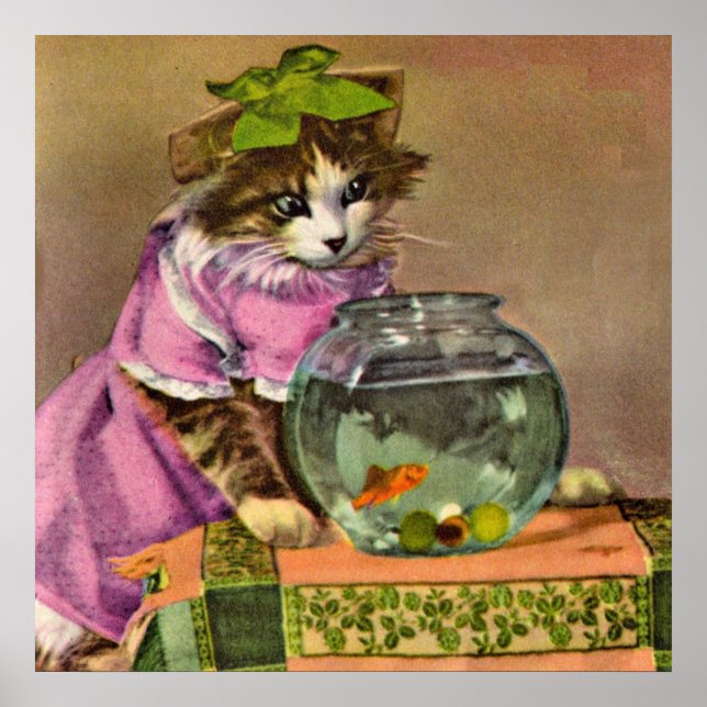 Poster chat habillé et bol de poisson (Devant)