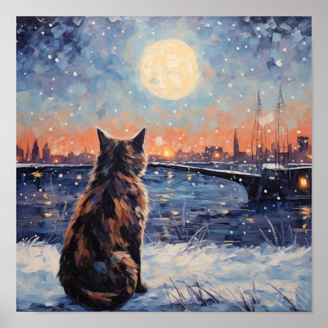 Poster Chat impressionniste surplombant l'eau en hiver (Devant)