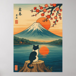 Poster Chat japonais observant le coucher de soleil du Mo