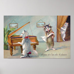Poster Chat jouant du piano, Louis Wain