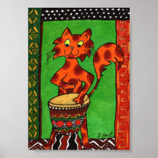Poster Chat Jouer Djembe Africain Drum Mini Art Folk