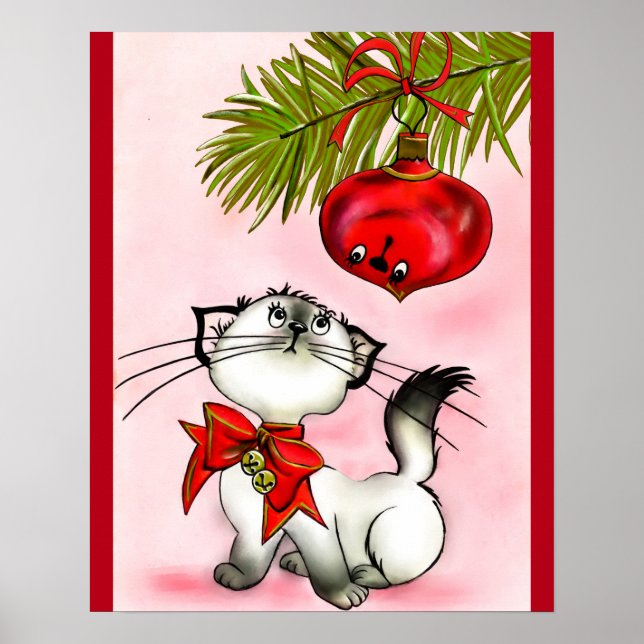 Poster Chat Kitty En Jeu Dans Une Bow De Noël Rouge (Devant)