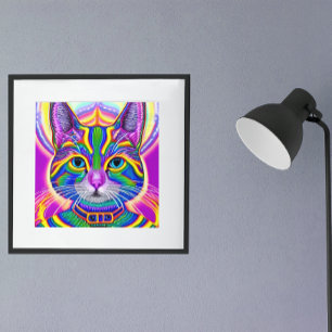 Poster Chat Kitty Mystique Unique Vert et Bleu