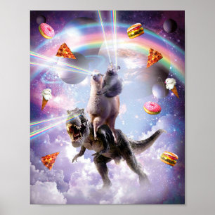 Poster Chat Laser Eyes Space Sur Llama Dinosaur - Arc En 