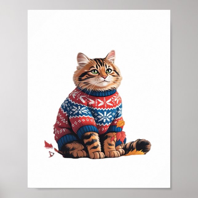 Poster Chat Leaf Automne Bonjour Automne Funny Chat Kitte (Devant)