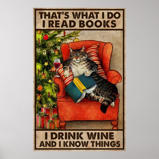 Poster Chat Lire Les Livres Je Bois Du Vin Et Je Connais  (Devant)