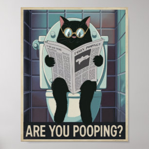 Poster Chat lisant un journal sur les toilettes - Est-ce