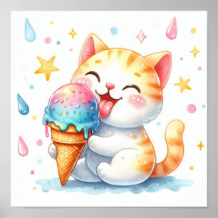 Poster Chat mignon à l'aquarelle mangeant une glace Fanta