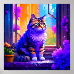 Poster Chat Mignon Assis dans la Fenêtre Ai Art