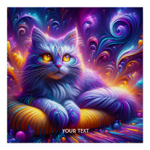 Poster Chat mignon bleu violet Imaginaire