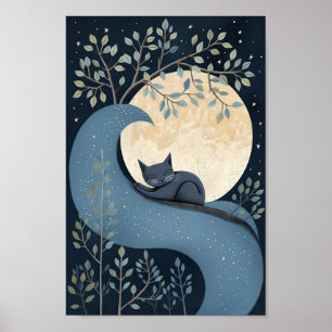Poster Chat mignon dormant sous la Lune et les étoiles.