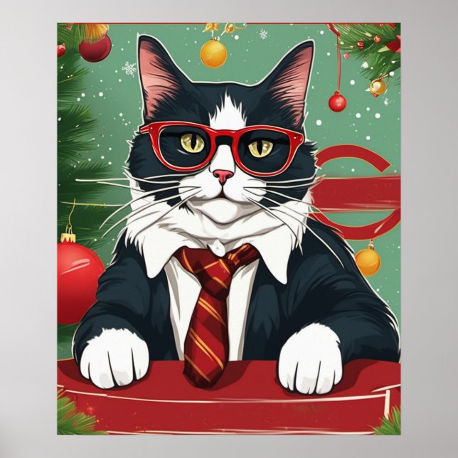 Poster Chat mignon en costume drôle Noël (Devant)