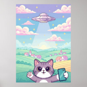 Poster Chat Mignon en Pixel Art avec un OVNI dans un Ciel